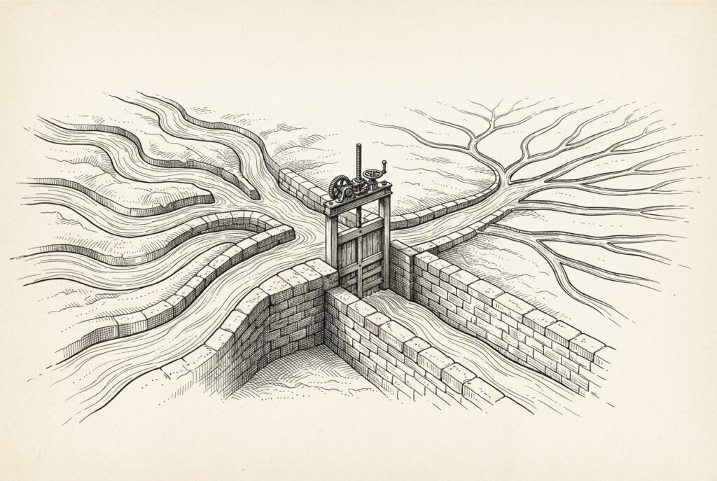Seven tributary streams converging into a single engineered stone canal with a mechanical sluice gate at the convergence point, then branching into twenty-five distribution channels - seven UK banks coalescing into one shared Quant platform, distributing to 25 US banks