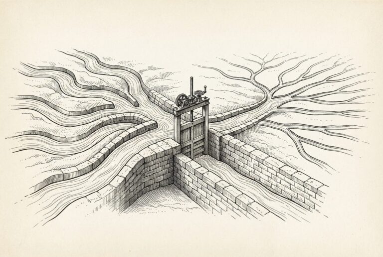 Seven tributary streams converging into a single engineered stone canal with a mechanical sluice gate at the convergence point, then branching into twenty-five distribution channels - seven UK banks coalescing into one shared Quant platform, distributing to 25 US banks
