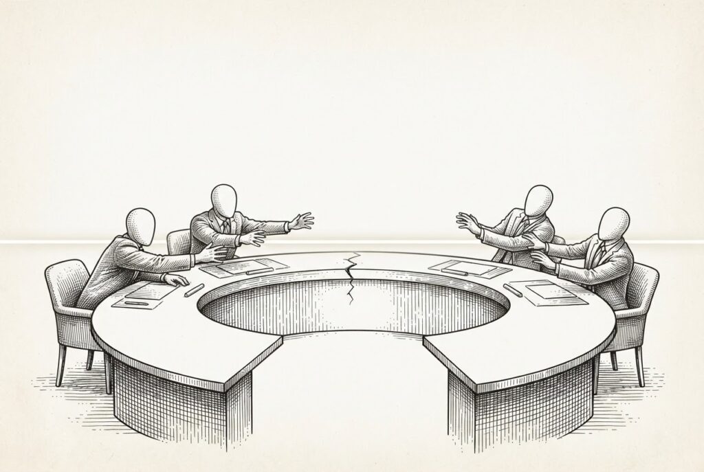 Four faceless figures at a curved semi-circular table with a horizontal threshold line crossing between them - some reaching toward it, some pulling back - the boundary between controlled and uncontrolled AI systems contested at the Security Council.