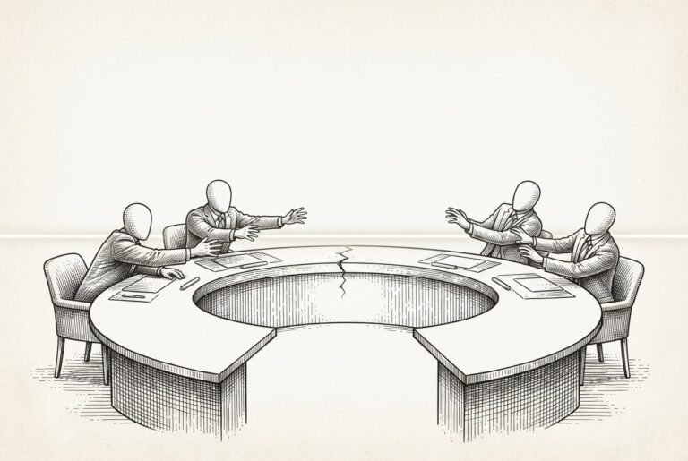 Four faceless figures at a curved semi-circular table with a horizontal threshold line crossing between them - some reaching toward it, some pulling back - the boundary between controlled and uncontrolled AI systems contested at the Security Council.