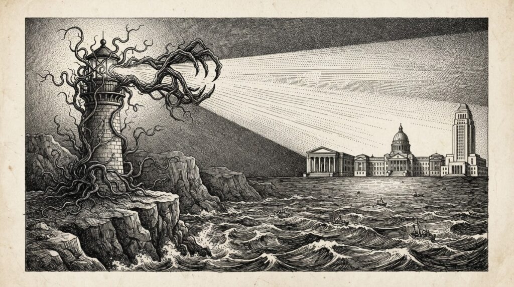 A hand-drawn pen-and-ink engraving of a lighthouse whose searchlight beam is hijacked by sinuous organic tendrils, redirected toward distant government buildings. Monochrome engraving with cross-hatching and stippling.