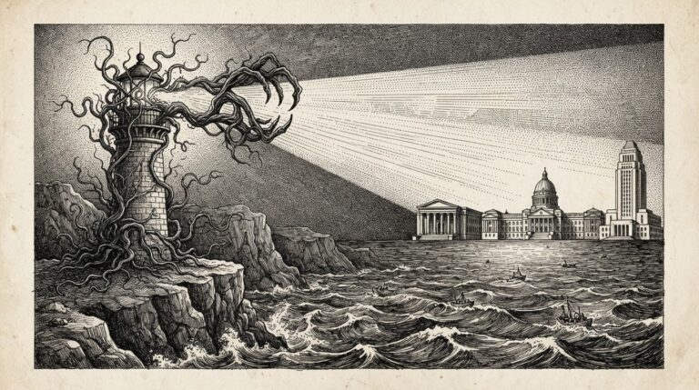 A hand-drawn pen-and-ink engraving of a lighthouse whose searchlight beam is hijacked by sinuous organic tendrils, redirected toward distant government buildings. Monochrome engraving with cross-hatching and stippling.