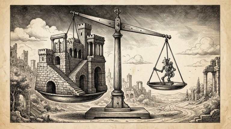 Pen-and-ink engraving of a balance scale with massive stone payment rail structure and tiny autonomous mechanical figure, tipping toward the small figure