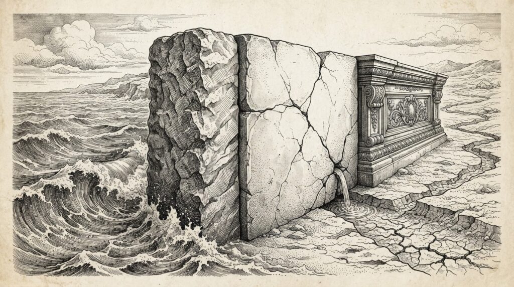 Three massive stone blocks form a barrier wall with distinct textures - one rough-hewn, one smooth with cracks, one ornate - holding back a vast ocean on the left while barely a trickle passes through to the dry channel on the right. Pen-and-ink engraving on warm aged paper, conceptual allegory about structural barriers.