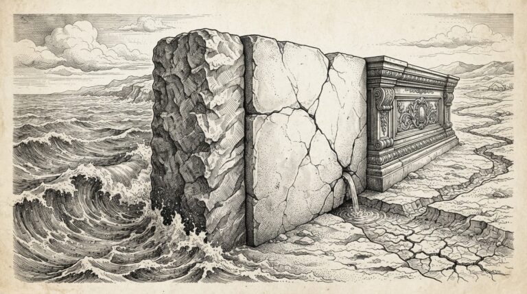 Three massive stone blocks form a barrier wall with distinct textures - one rough-hewn, one smooth with cracks, one ornate - holding back a vast ocean on the left while barely a trickle passes through to the dry channel on the right. Pen-and-ink engraving on warm aged paper, conceptual allegory about structural barriers.
