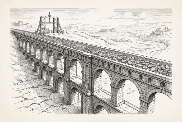 A vast completed aqueduct carrying a torrent of coins across a valley, with a distant unfinished regulatory gate framework being assembled in the background - the infrastructure is built and flowing before the rules are written