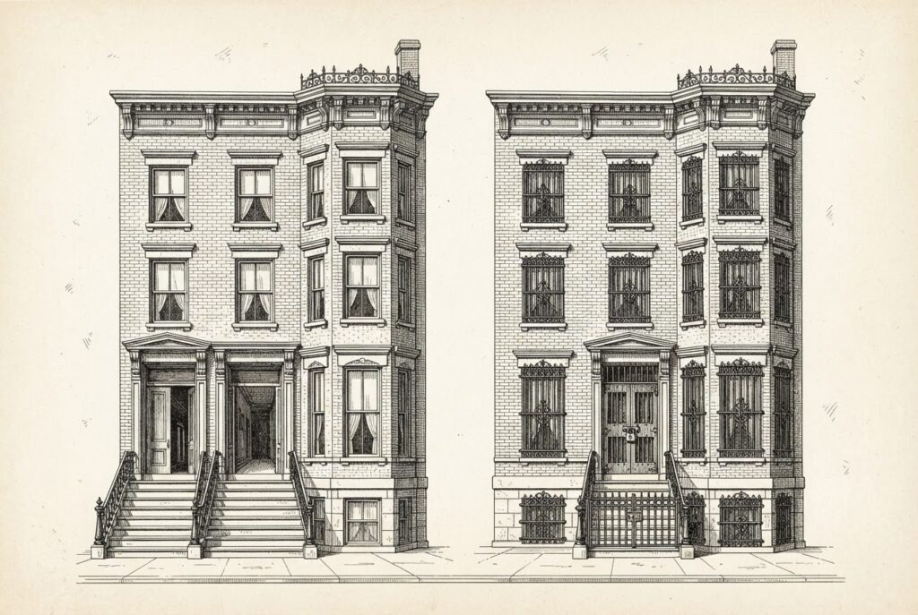 Two identical Victorian townhouses side by side - the left house open and accessible with unshuttered windows and an open door, the right house locked down with barred windows, gated entrance, and secured openings. Same structure, opposite philosophy of access.