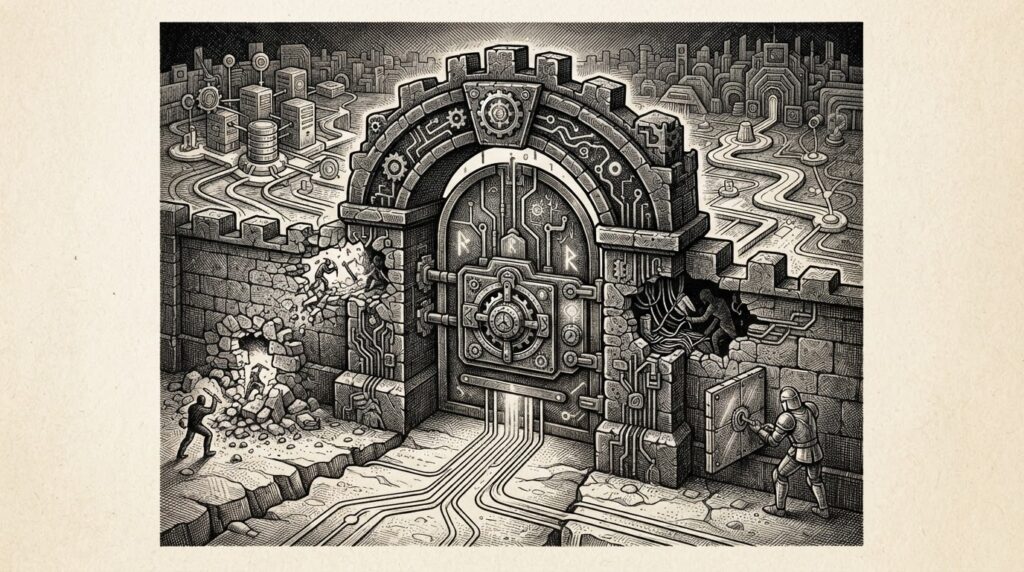 A fortified VPN gateway checkpoint depicted as an ornate stone archway with four authentication bypass breach points compromising the perimeter trust boundary