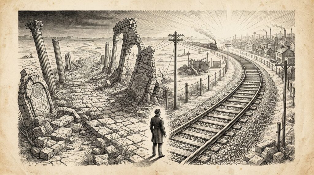 A traveler at a crossroads between an ancient crumbling stone road and a modern railroad, symbolizing the divergence between legislative uncertainty and institutional infrastructure momentum