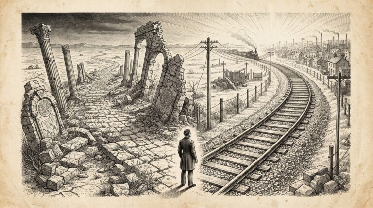 A traveler at a crossroads between an ancient crumbling stone road and a modern railroad, symbolizing the divergence between legislative uncertainty and institutional infrastructure momentum
