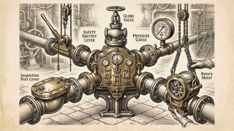 Five mechanical flow-control devices converging on a central brass control panel, representing five vendors independently arriving at the same runtime enforcement architecture