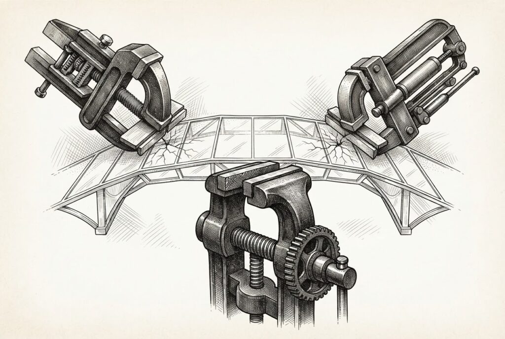 A delicate glass bridge representing industry coordination is being squeezed by three heavy iron vices, with the glass beginning to crack at the points of contact. Monochrome pen-and-ink engraving on warm paper.