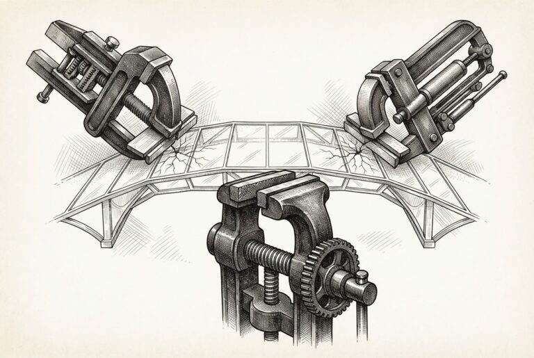 A delicate glass bridge representing industry coordination is being squeezed by three heavy iron vices, with the glass beginning to crack at the points of contact. Monochrome pen-and-ink engraving on warm paper.