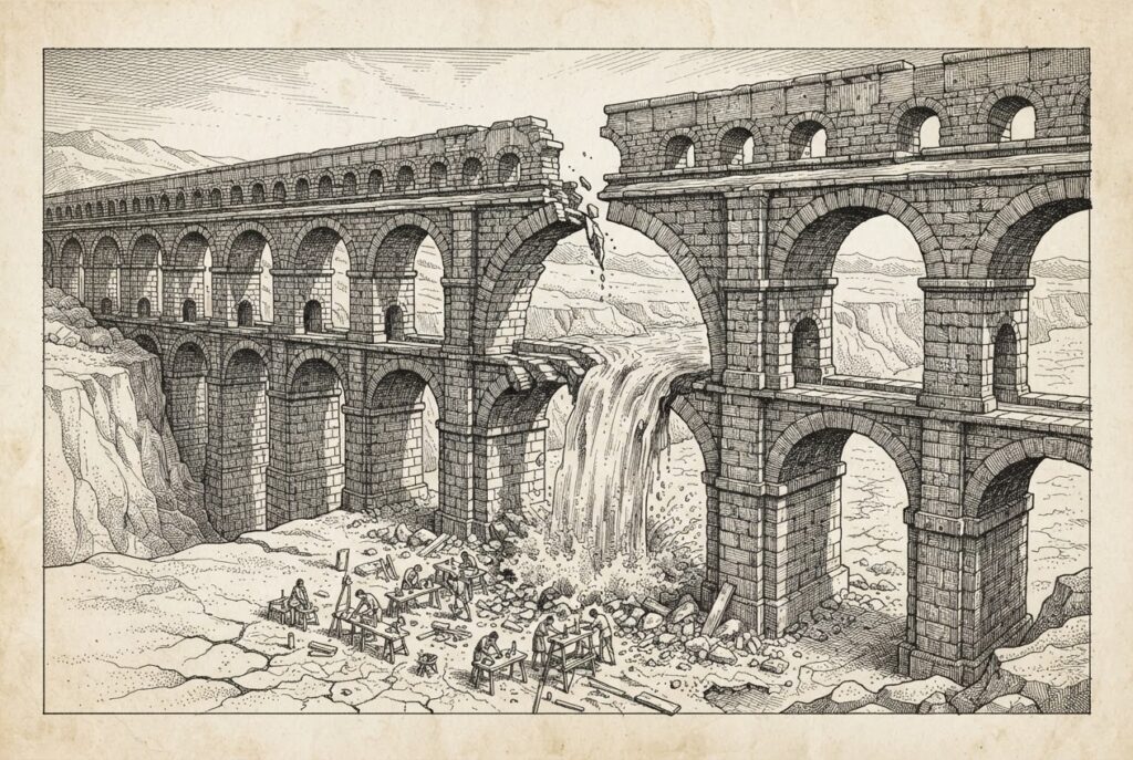 A hand-drawn editorial engraving of a vast stone aqueduct cracked open in the center, with water spilling through the breach onto dry, cracked ground below. Small figures work on workbenches far below, dwarfed by the infrastructure above. The breach represents the structural failure of safety in concentrated systems.