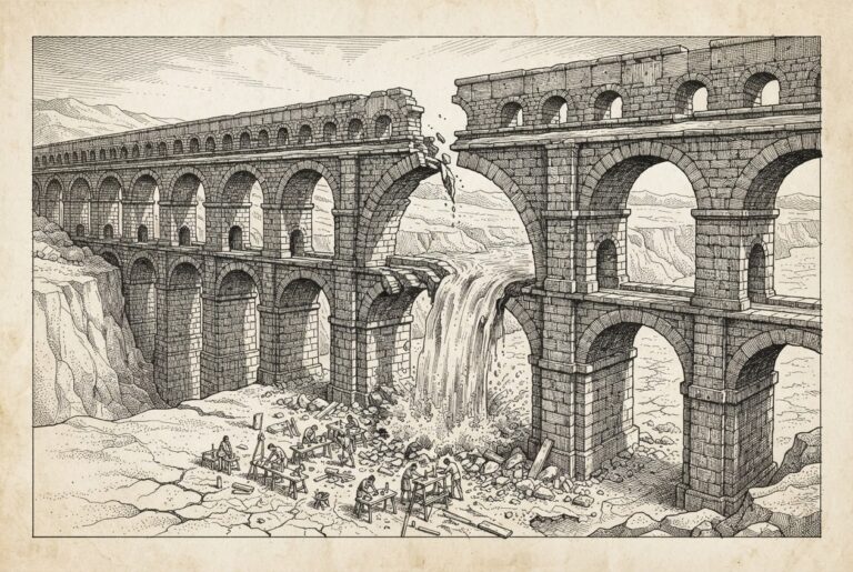 A hand-drawn editorial engraving of a vast stone aqueduct cracked open in the center, with water spilling through the breach onto dry, cracked ground below. Small figures work on workbenches far below, dwarfed by the infrastructure above. The breach represents the structural failure of safety in concentrated systems.