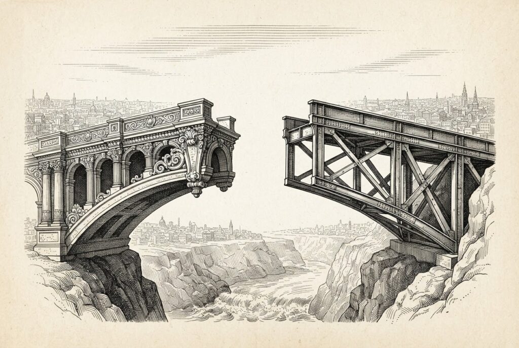 A bridge where one half is ornate carved stone with classical columns and the other half is raw industrial steel girders, with a visible gap in the center where the two halves do not meet