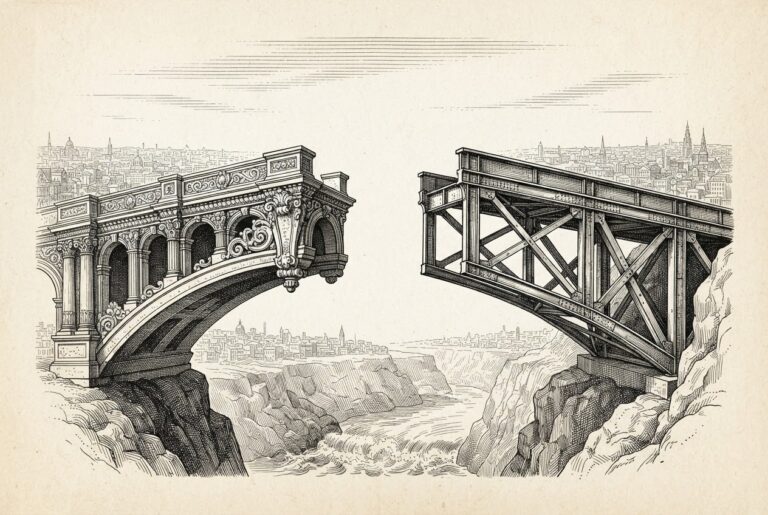 A bridge where one half is ornate carved stone with classical columns and the other half is raw industrial steel girders, with a visible gap in the center where the two halves do not meet