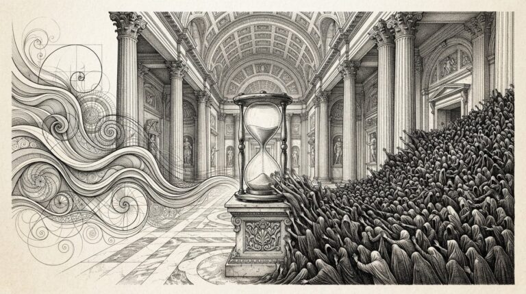 A solitary hourglass in a vast marble hall, sand nearly drained, surrounded by abstract data curves on one side and a tide of faceless lobbying figures on the other — the White House CEA's data argument overwhelmed by political forces.