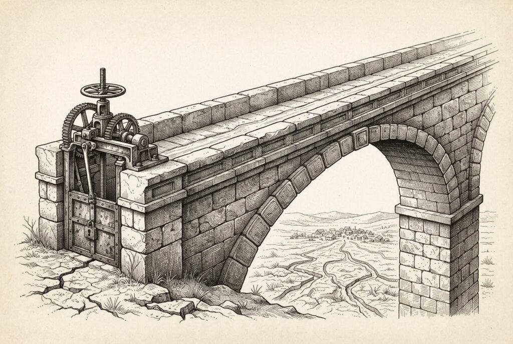 A massive stone aqueduct with a locked valve mechanism at one end, the channel nearly empty with only a thin trickle of water, a dry cracked landscape below with a distant settlement - sovereignty over the flow of AI safety testing.