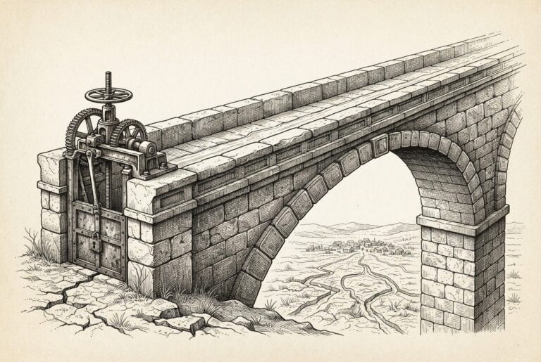 A massive stone aqueduct with a locked valve mechanism at one end, the channel nearly empty with only a thin trickle of water, a dry cracked landscape below with a distant settlement - sovereignty over the flow of AI safety testing.
