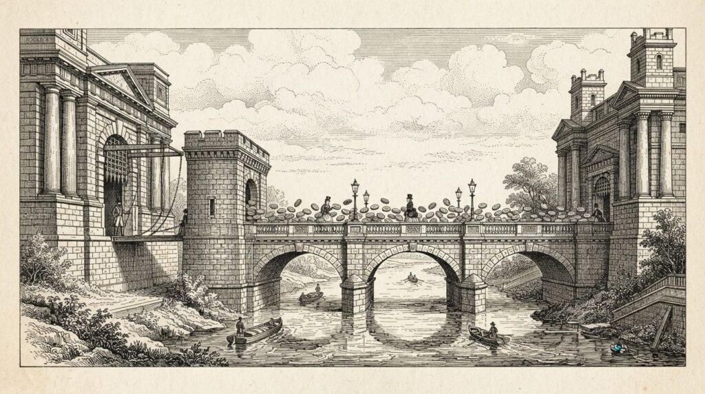 Victorian-era pen-and-ink engraving of a stone bridge connecting two fortified bank buildings, representing stablecoins traversing the middle leg of payment flows while banks control entry and exit points