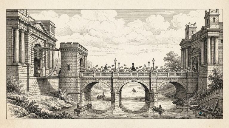 Victorian-era pen-and-ink engraving of a stone bridge connecting two fortified bank buildings, representing stablecoins traversing the middle leg of payment flows while banks control entry and exit points