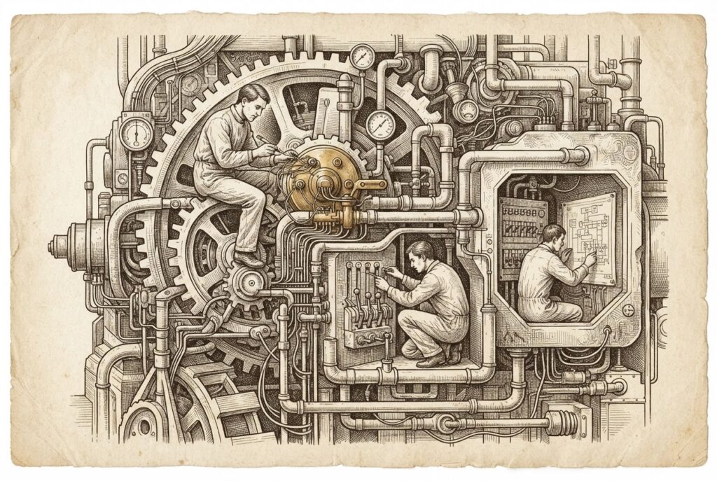 Engineers embedded inside a massive industrial machine with gears, pipes, and circuitry, wiring connections and adjusting controls from within — representing forward-deployed engineers working inside enterprise systems