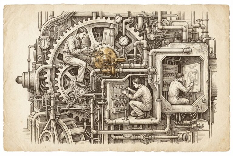 Engineers embedded inside a massive industrial machine with gears, pipes, and circuitry, wiring connections and adjusting controls from within — representing forward-deployed engineers working inside enterprise systems