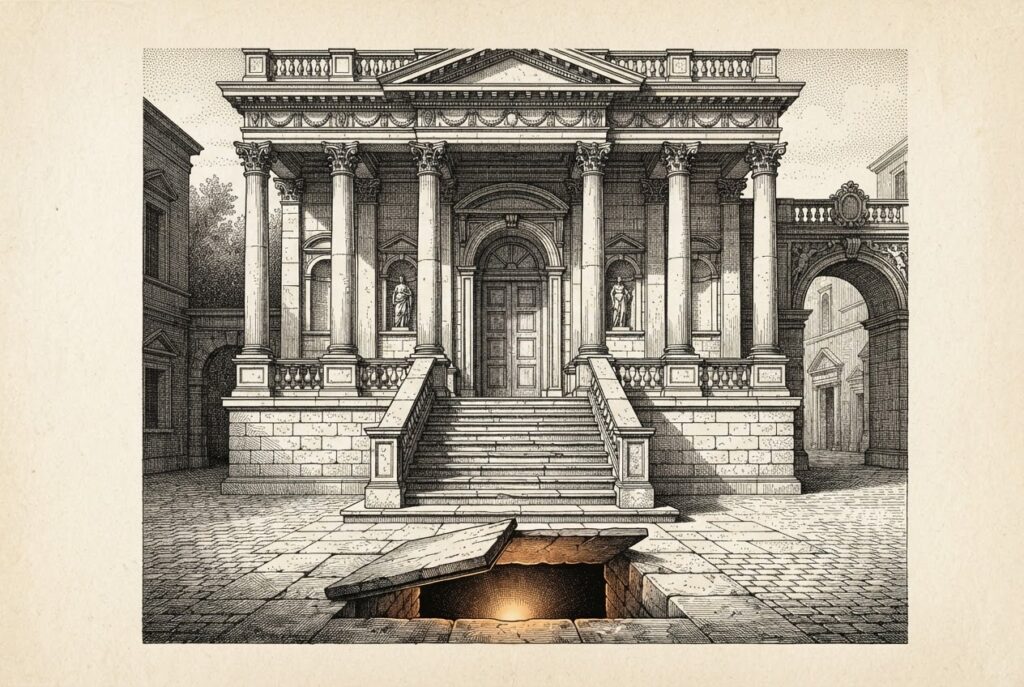 A WordPress login page with a hidden doorway in the floor beneath it, symbolizing the path traversal vulnerability that bypasses legitimate template resolution to include PHP files outside the active theme directory.
