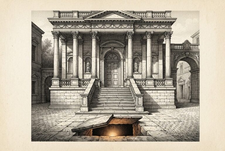 A WordPress login page with a hidden doorway in the floor beneath it, symbolizing the path traversal vulnerability that bypasses legitimate template resolution to include PHP files outside the active theme directory.