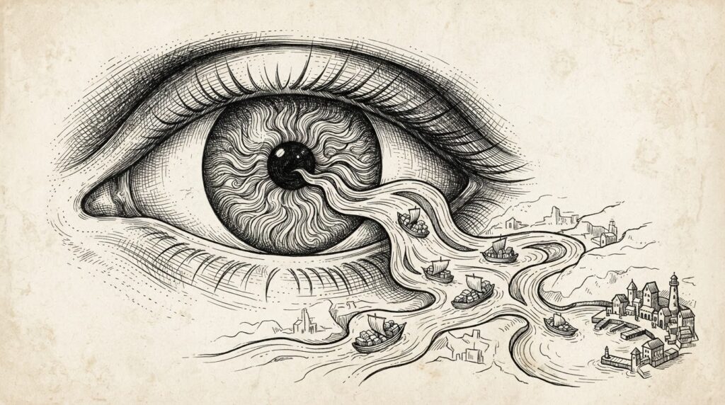 A human eye with an ornate iris pattern that transforms into flowing rivers of ink carrying small boats laden with cargo toward a distant harbor. Monochrome pen-and-ink engraving on warm paper.