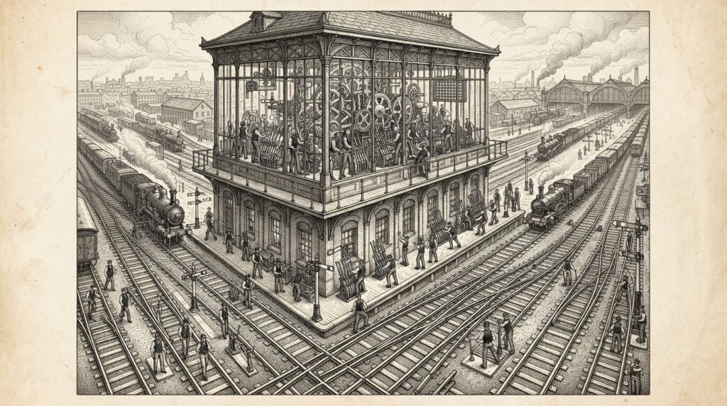A Victorian control tower overlooking a busy rail yard with faceless figures in waistcoats moving along defined tracks with precise switches and signals - governance as infrastructure control. Monochrome pen-and-ink engraving on warm paper.
