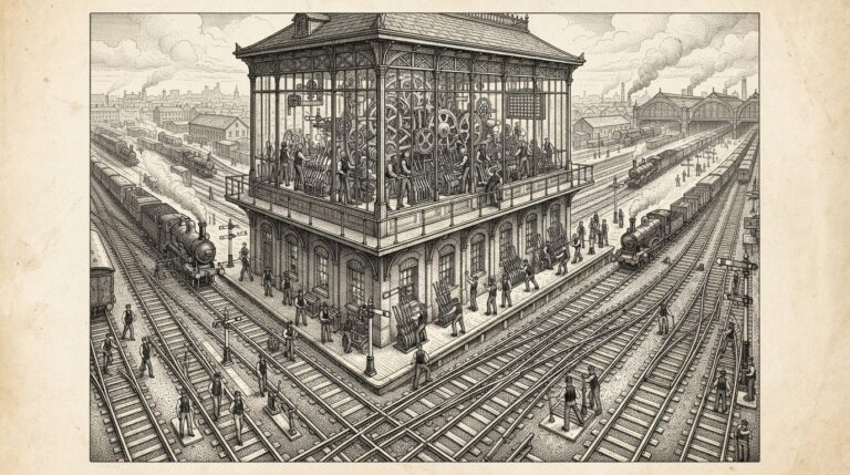 A Victorian control tower overlooking a busy rail yard with faceless figures in waistcoats moving along defined tracks with precise switches and signals - governance as infrastructure control. Monochrome pen-and-ink engraving on warm paper.