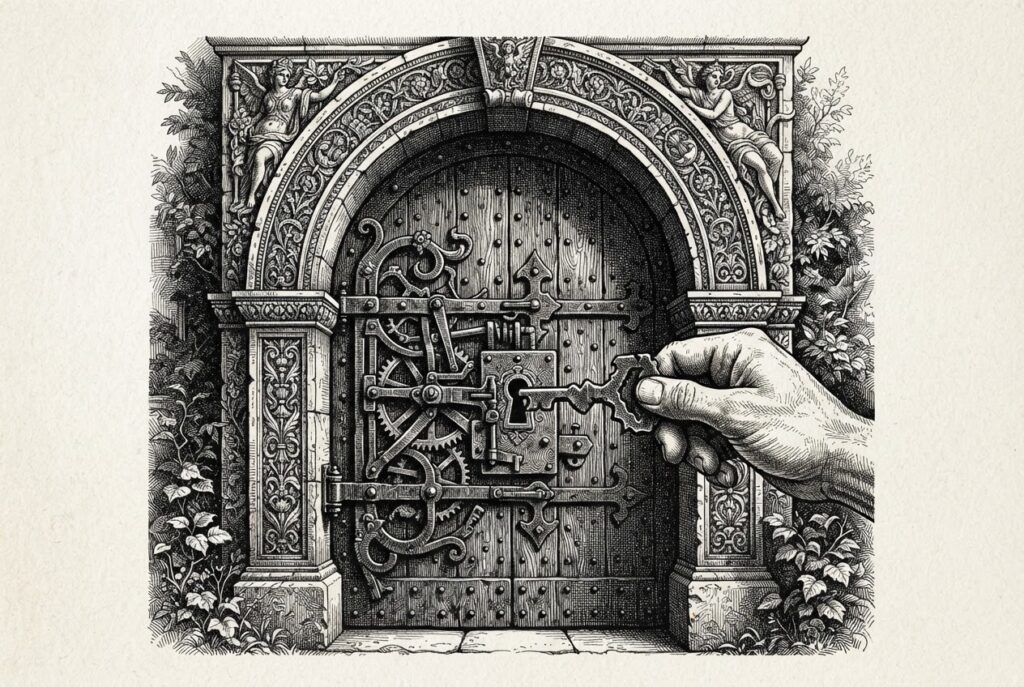 A large ornate gateway with an elaborate mechanical lock being opened by a counterfeit key - symbolizing the JWT authentication bypass in WSO2 API Manager