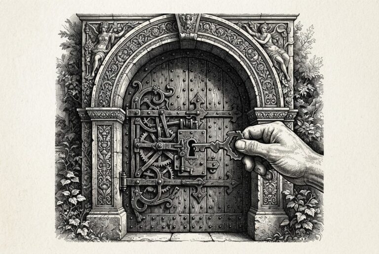 A large ornate gateway with an elaborate mechanical lock being opened by a counterfeit key - symbolizing the JWT authentication bypass in WSO2 API Manager