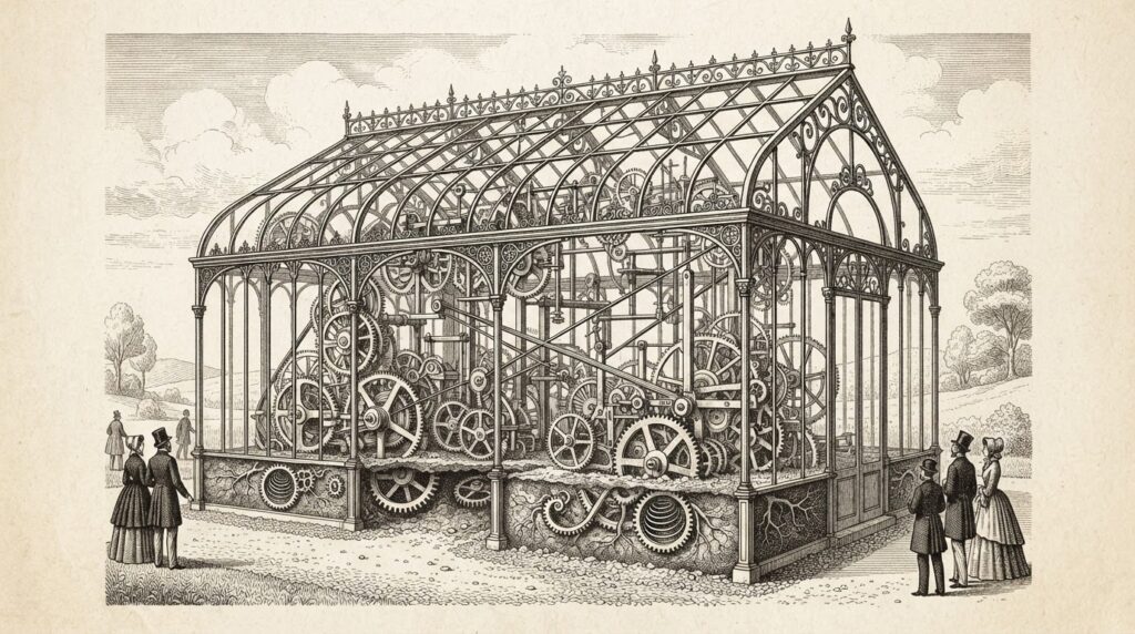 A glass greenhouse with transparent walls revealing intricate mechanical clockwork mechanisms inside - making the internal process visible to all observers. Monochrome pen-and-ink engraving.