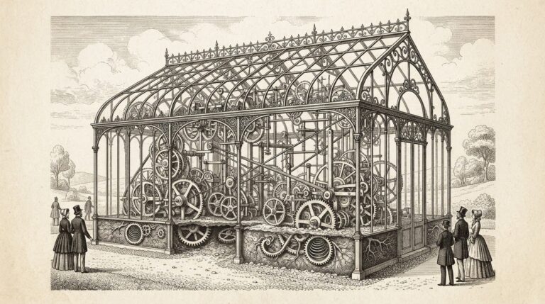 A glass greenhouse with transparent walls revealing intricate mechanical clockwork mechanisms inside - making the internal process visible to all observers. Monochrome pen-and-ink engraving.