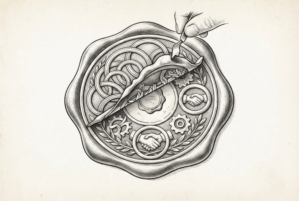 An ornate wax seal representing an industry compact is being peeled away to reveal a much smaller, simpler seal underneath. Monochrome pen-and-ink engraving on warm off-white aged paper.