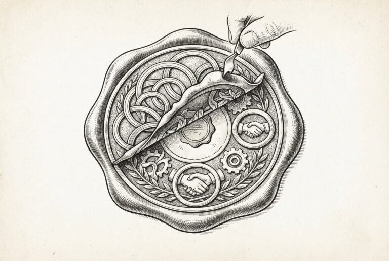 An ornate wax seal representing an industry compact is being peeled away to reveal a much smaller, simpler seal underneath. Monochrome pen-and-ink engraving on warm off-white aged paper.