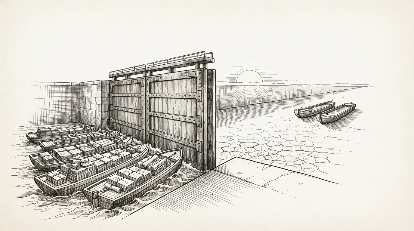 An engraved canal lock gate standing firmly shut: on one side, high water crowded with small barges piled with document bundles pressing against the sealed gate; beyond it, a dry cracked channel where two lone barges sit beached and stranded.