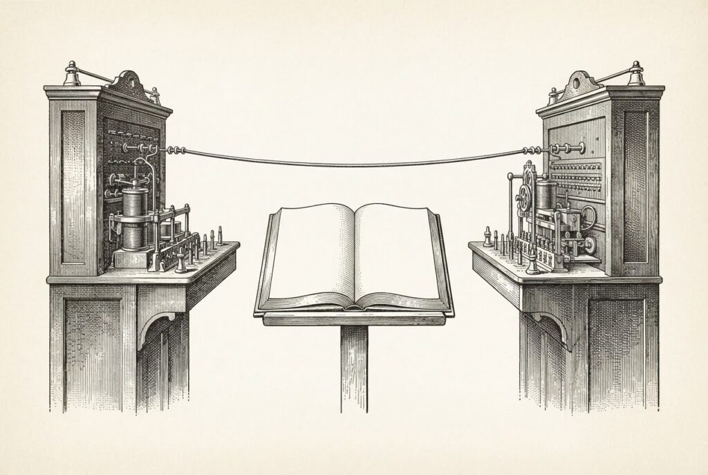 An engraved plate diagram of two antique switchboard apparatuses joined by a single taut cord, with an open ledger book between them whose pages are completely blank and empty.