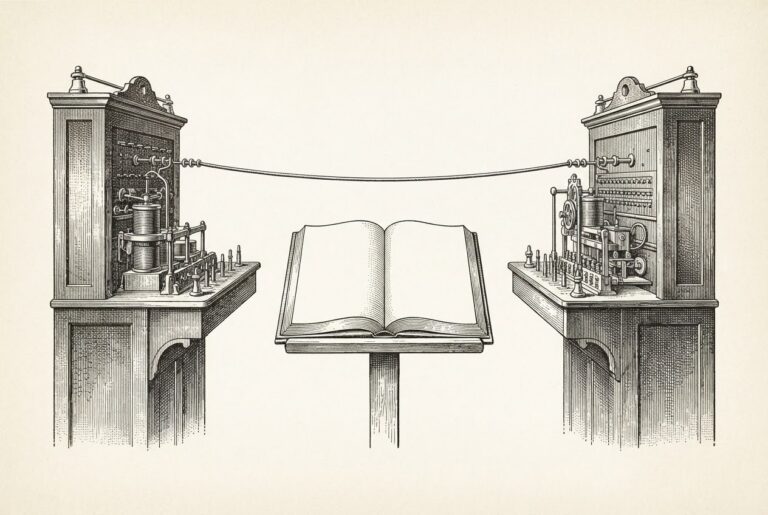 An engraved plate diagram of two antique switchboard apparatuses joined by a single taut cord, with an open ledger book between them whose pages are completely blank and empty.