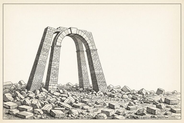 A hand-drawn engraving of a monumental stone arch whose four differently textured piers are locked by a single central keystone, standing complete over a foreground of scattered unused building stones.