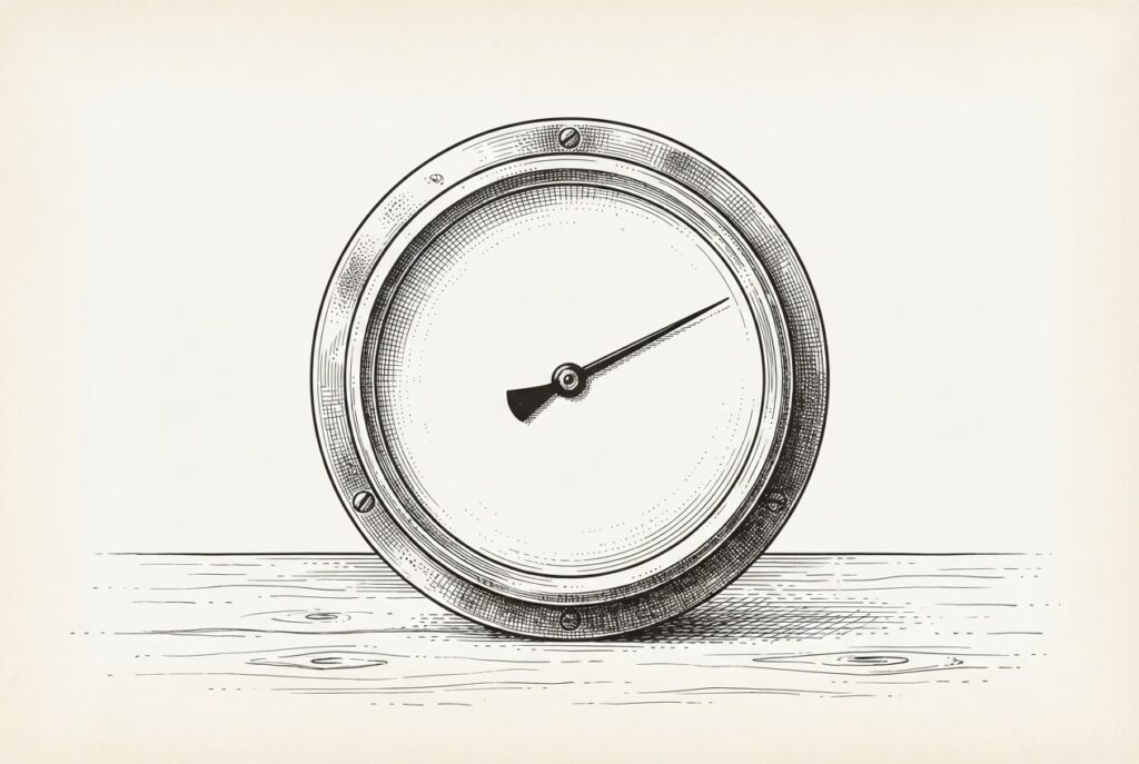 A hand holds an ornate pocket watch whose engraved face has hands but no numerals; a small figure examines the blank dial through a magnifying glass.