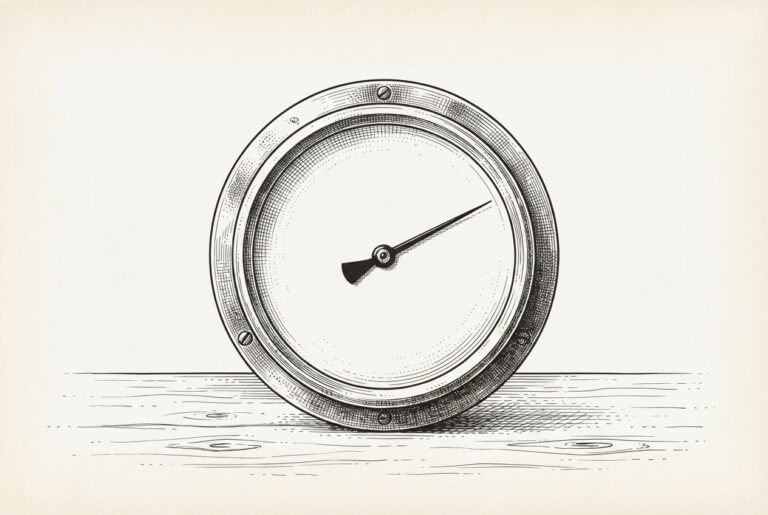 A hand holds an ornate pocket watch whose engraved face has hands but no numerals; a small figure examines the blank dial through a magnifying glass.