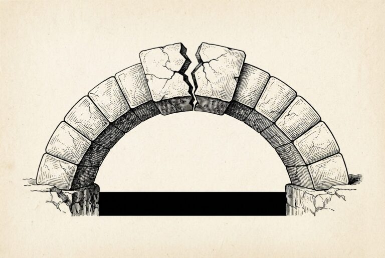 An engraved masonry keystone at the apex of an arch, split by a single visible crack, the adjoining stones unbroken: a compromised load-bearing foundation.