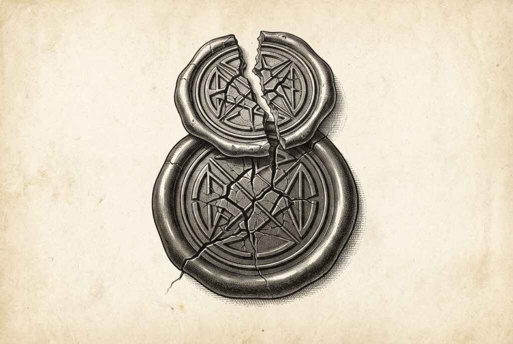 An abstract circular emblem with a reinforced outer ring and fractured inner zone, symbolizing a trust boundary simultaneously being hardened and revealing new weaknesses.