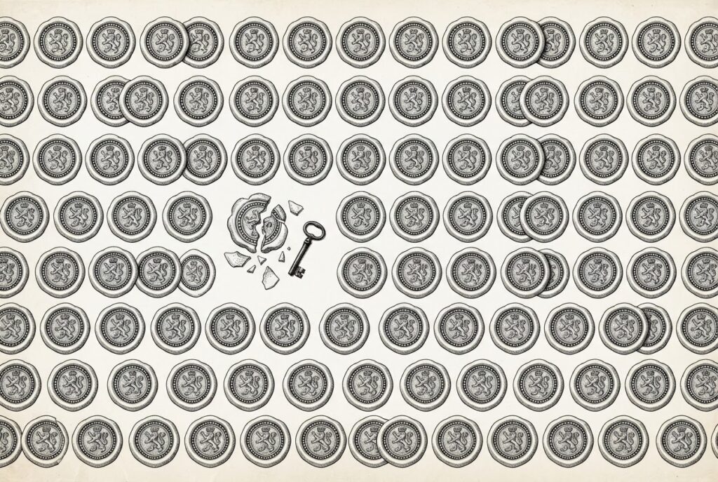 An engraved field of identical wax seals in neat rows with one seal broken open and a small antique key resting free in the gap: uniform forced closure with one deliberate exception.