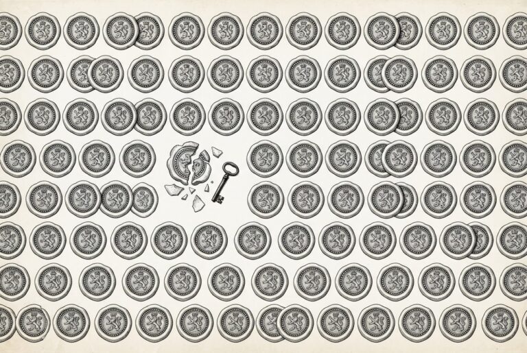 An engraved field of identical wax seals in neat rows with one seal broken open and a small antique key resting free in the gap: uniform forced closure with one deliberate exception.