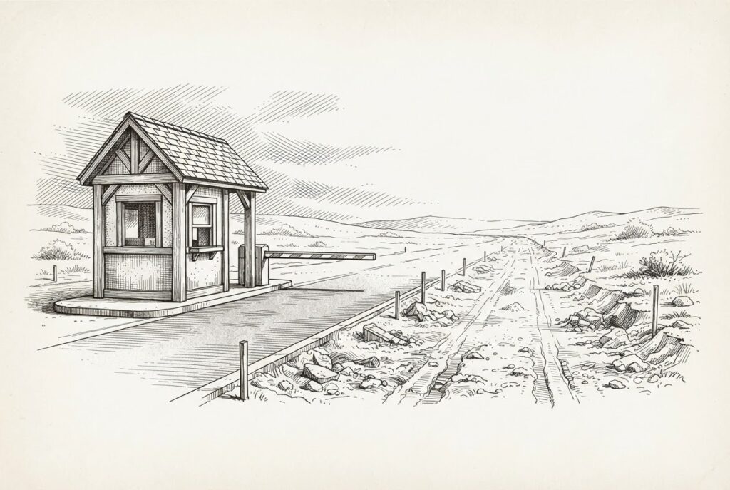 A pen-and-ink engraving of a completed toll booth with lowered barrier standing on a paved road that transitions to unfinished dirt terrain, symbolizing enforcement infrastructure arriving before agent deployment traffic.